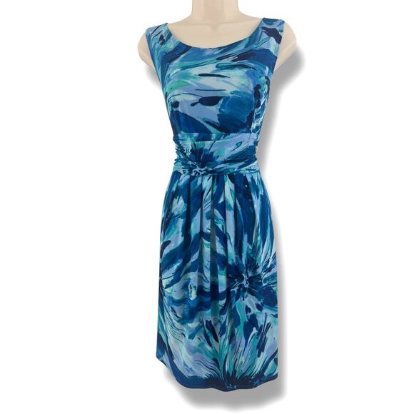 Perceptions Blue Watercolor Floral Ruched‎ Waist Sleeveless Dress Size 14 Summer - Picture 1 of 7